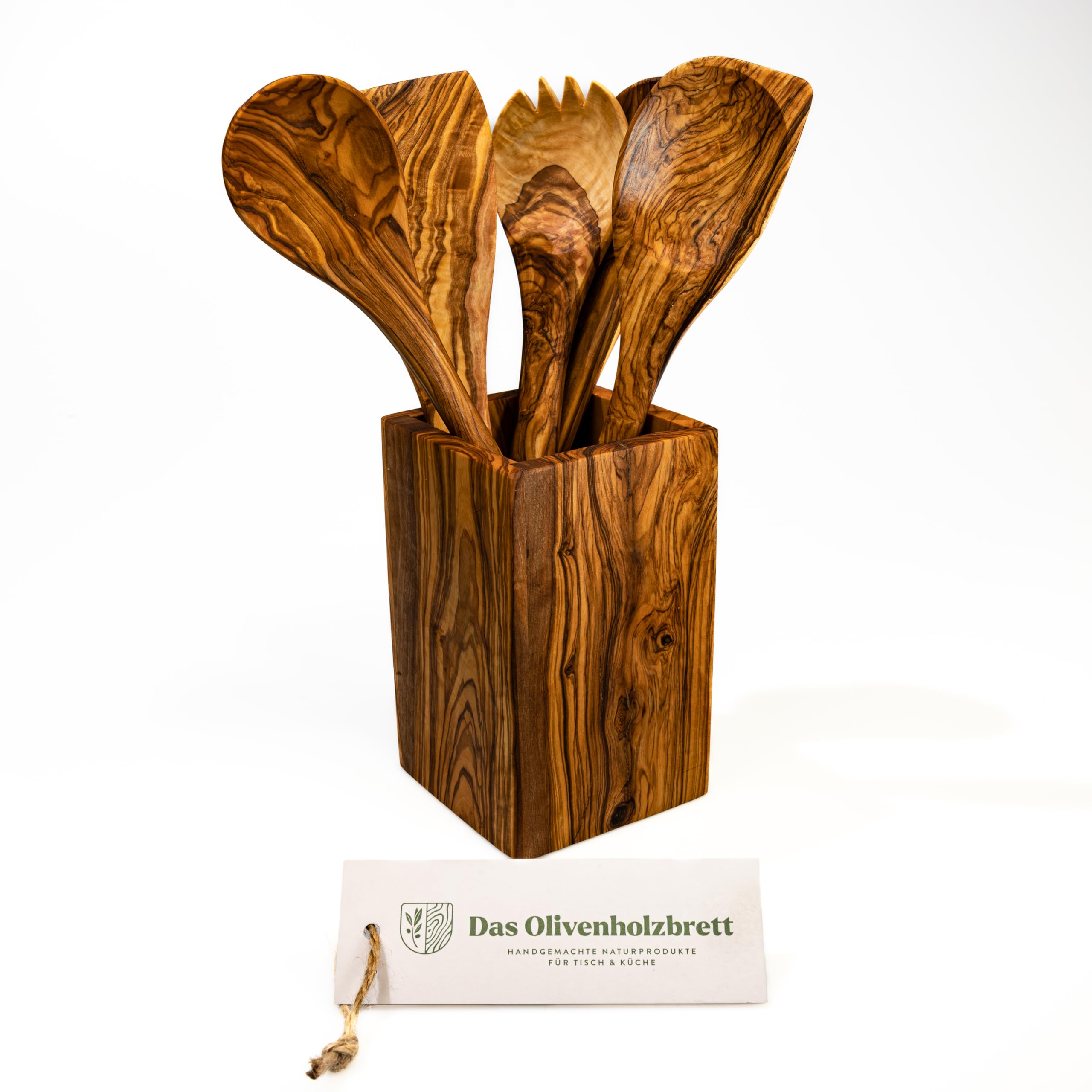 DAS OLIVENHOLZBRETT®Besteckhalter/Köcher eckig 16cm+5er Set Zubehör 30cm | Pfannenwender/Kochlöffel, Löffel mit Ecke + Salatbesteck Olivenholz / Holzlöffel Küchenutensilien/ Kochlöffel Set 30cm