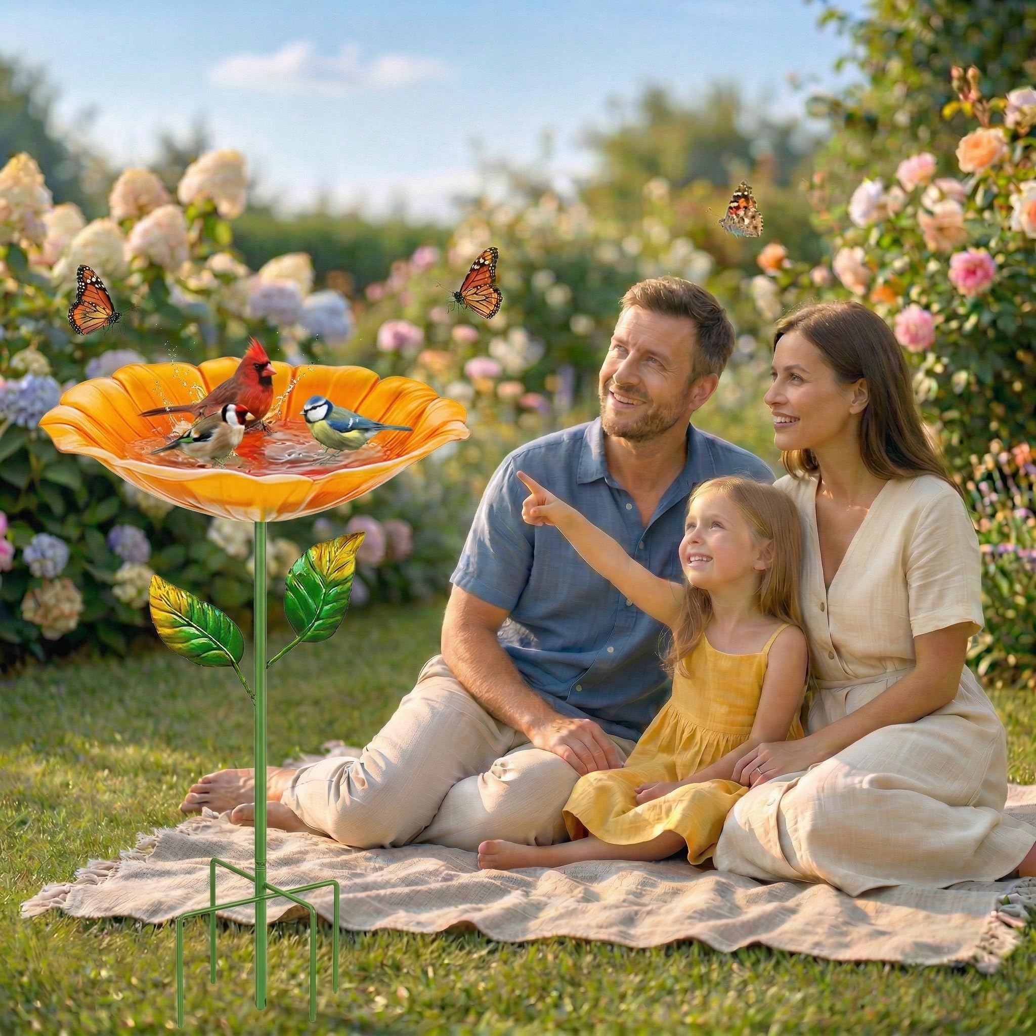 2er Set Metall-Vogeltränke stehend für Garten, Vogelbad Vogelbecken Futterschale Schüssel Wildvogeltränke Wassertränke Vogelfutterspender Abnehmbar frostfest für Hof (Blume B-Gelb & Pink)