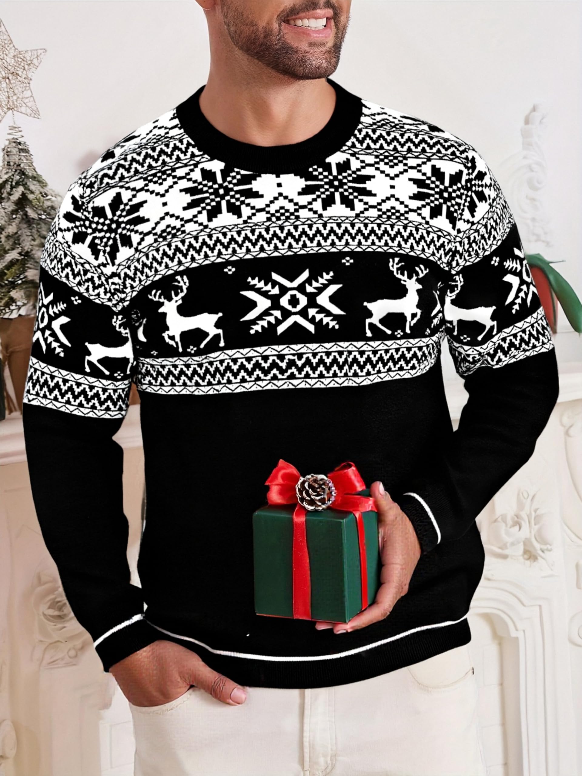 Pull de Noël Homme Col Rond Motif Renne | Motif renne et flocon, col rond et manches longues pour les fêtes, les soirées d’hiver et les cadeaux de Noël.