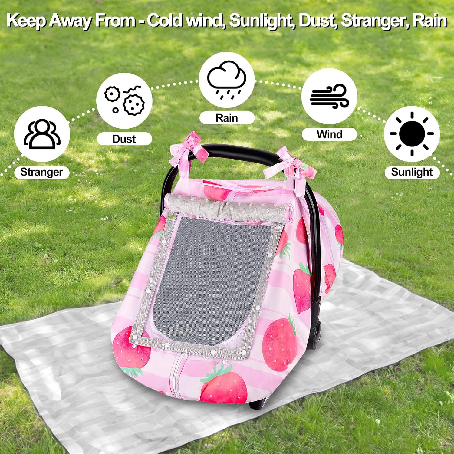 FIOBEE Baby Car Seat Cover, Car Seat Covers for Babies Infant Car Seat Canopy with Breathable Mesh Window Waterproof Carseat Cover for Babies Boy Girl 4 Seasons