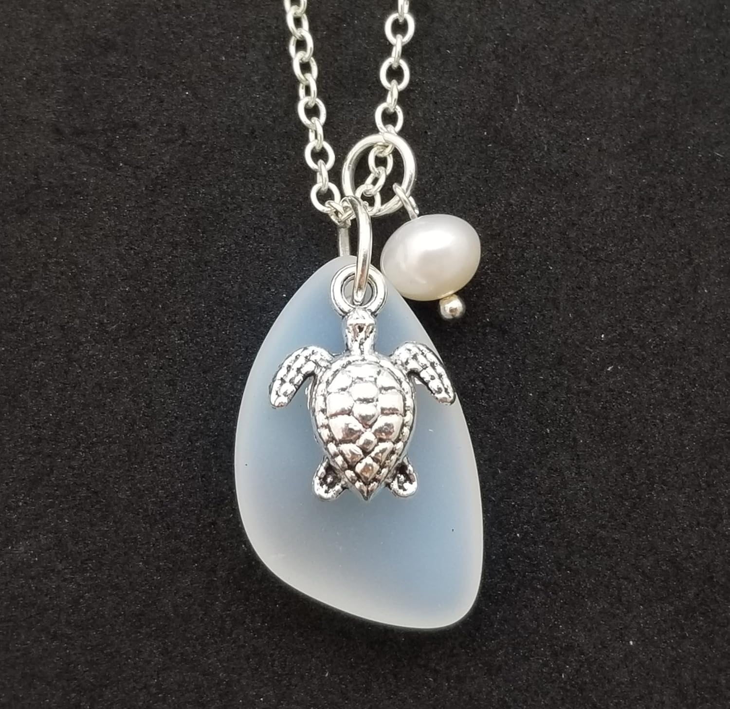 yinahawaii Handmade Moonstone sea glass necklace, June Birthstone, Turtle charm, Natural pearl, (Hawaii Gift Wrapped, Customizable Gift Message)