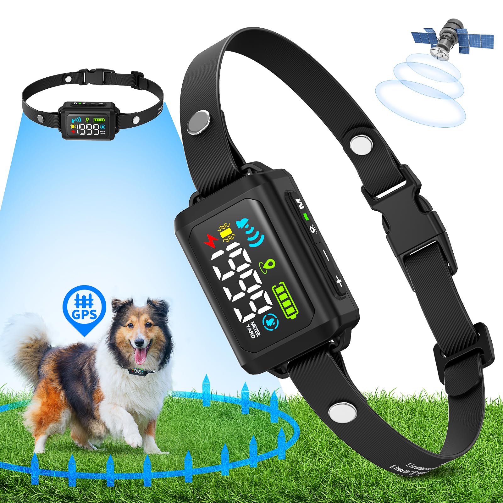 GPS Wireless Dog Collar Fence System - Multifunctional Electric Fence for Dogs Position by GPS, IPX7 Waterproof Electric Dog Fence Outdoor,Radius Up to 33-999 Yards