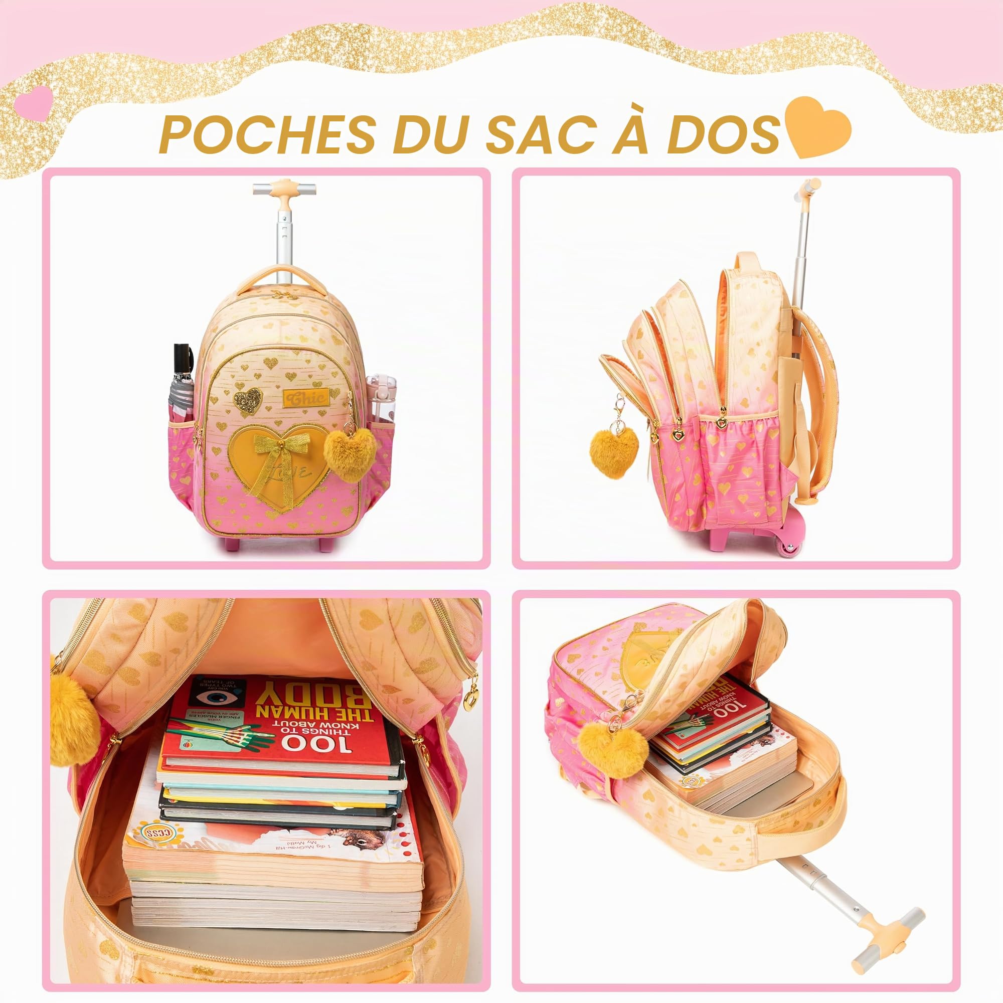 HTgroce Cartable à Roulette Sirène, Set 3 Pièces Sac à Roulette Fille Primaire Scolaire CE2