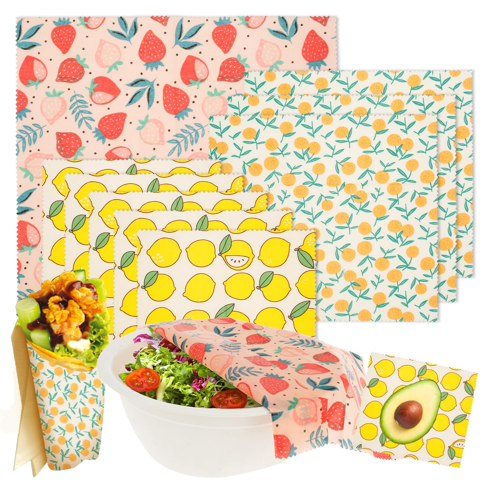 9Pcs Beeswax Food Wraps Set, 3 Sizes Reusable Bees Wax Food Storage Wrap, Bees Wax Cheese Bread Sandwich Wrappers, Organic Cotton Foods Wraps for Cheese, Fruit, Foods Storage(Fruit Style)