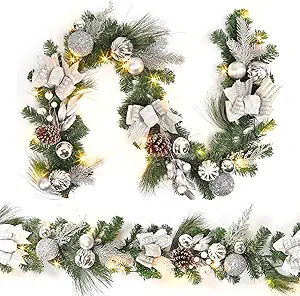 6FT Lighted Christmas Garland for Front Door, Artificial Pre-Lit Christmas Garland Decoration, Battery Operated Xmas Garland with Pinecones, Berries, Bows, Ball Ornaments, Silver
