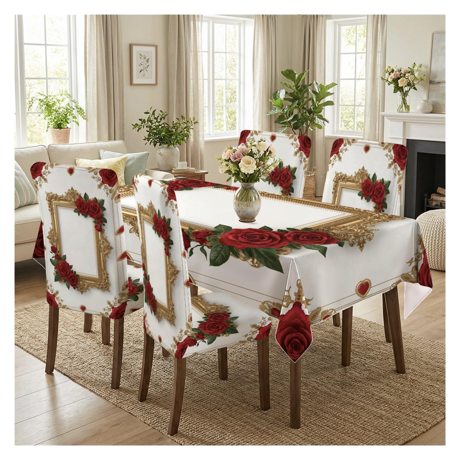 KXUAUV Luxury Baroque Red Rose Print Stretch Chair Covers & Tablecloth Set, For Wedding Banquet Dining Room Home Decor, 5/7 Pack Party Decor(5pcs Set: Tablecloth+Chair Covers)