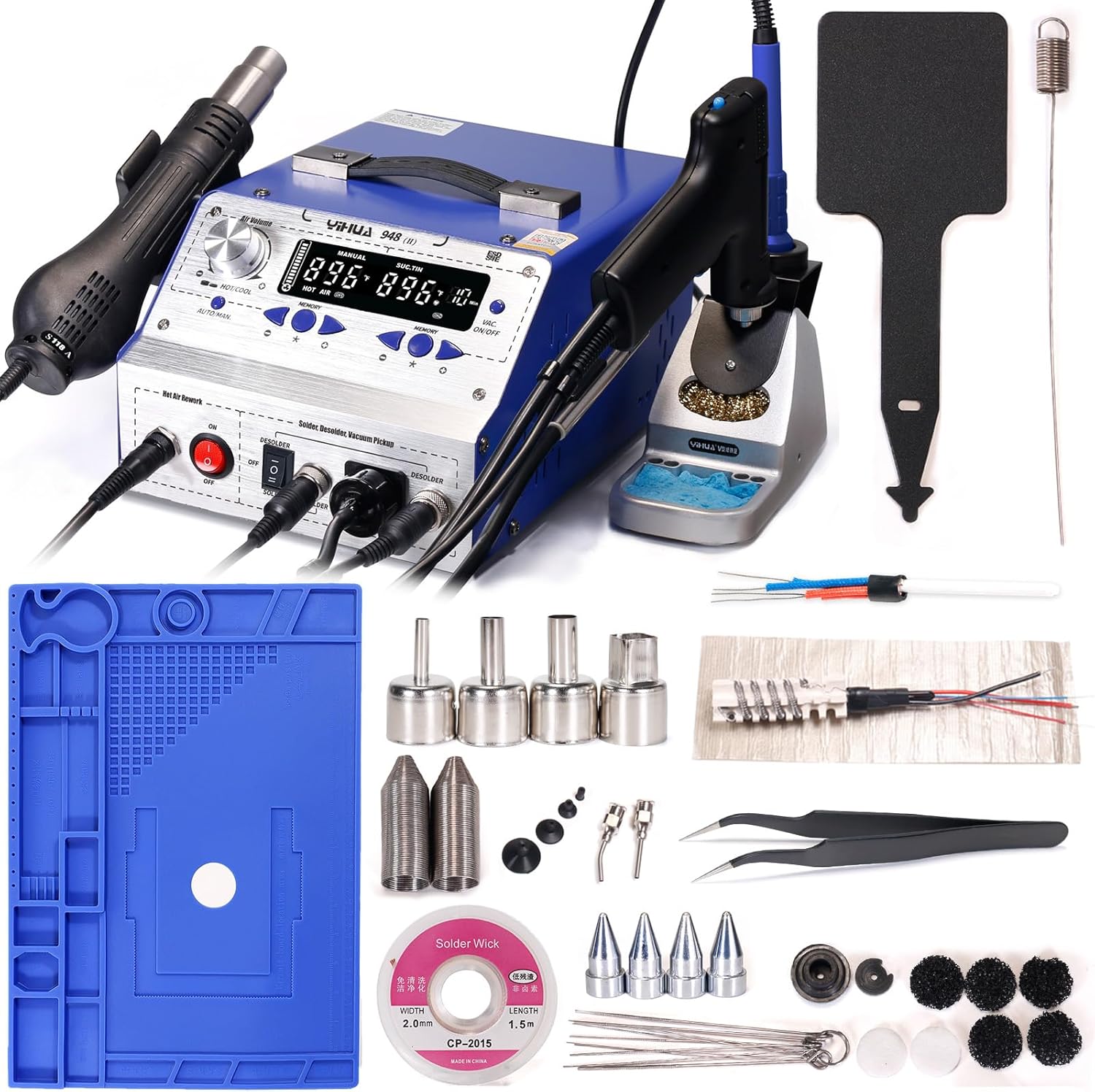 YIHUA 948-II Professional Soldering, Desoldering & Rework Station bundle with 17.32" x 12.20" M180 Electronic Repair Mat with Holder, Cleaning Kit, and Accessories (40 items)