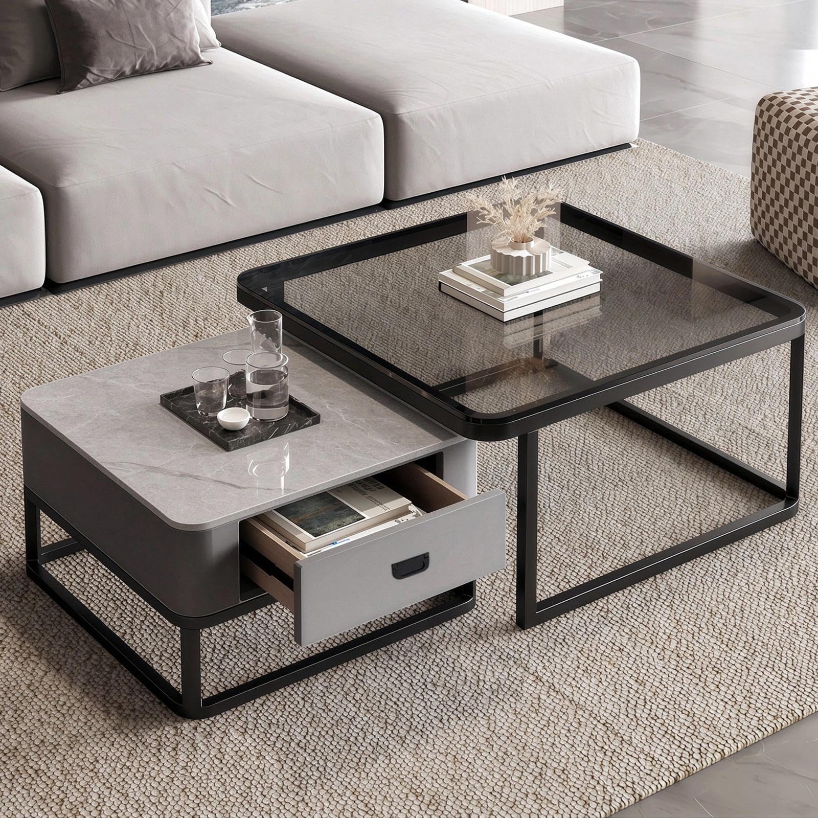 Coffee Table with Metal Base, Modern Round Side Table