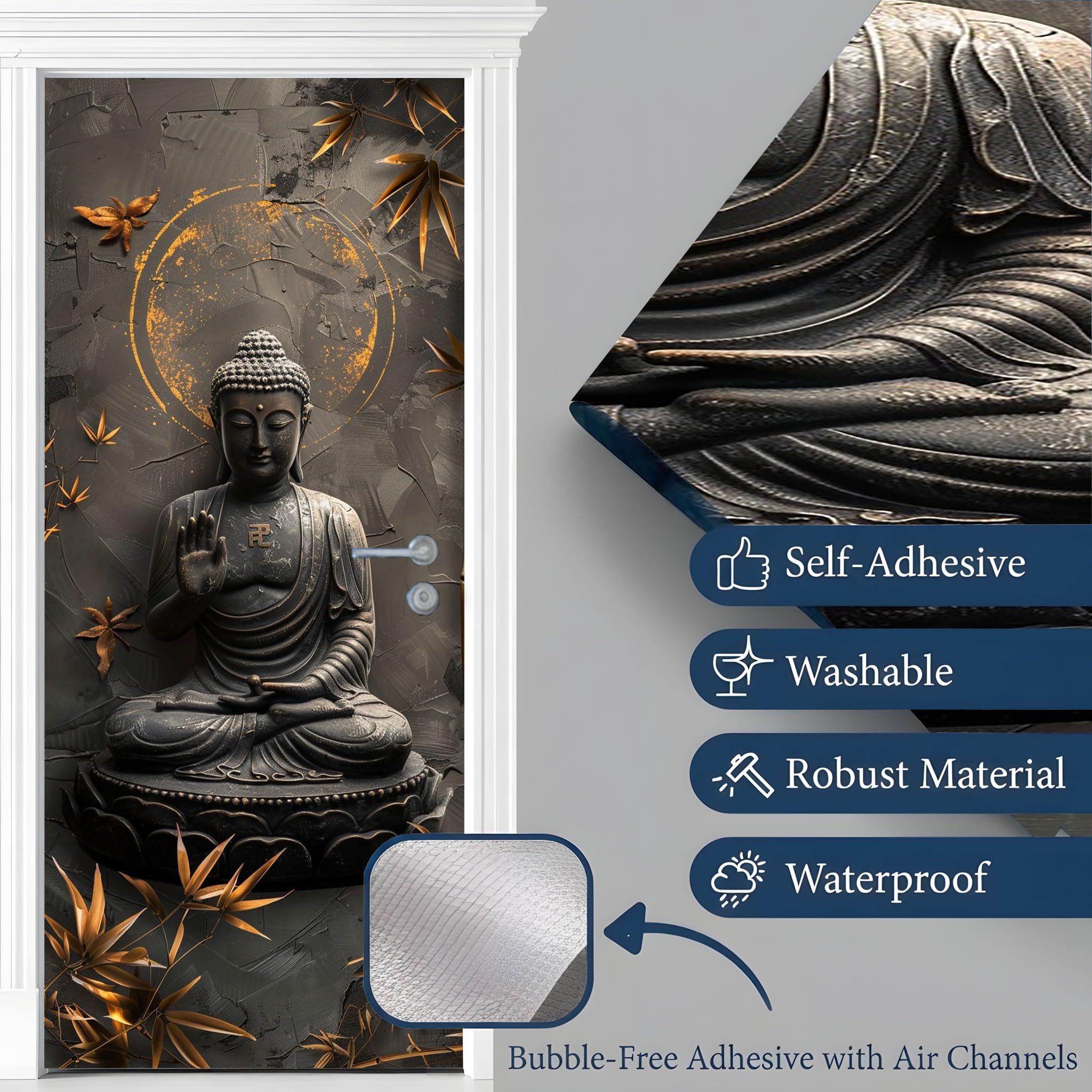 Asiatischer Stil Buddha Türaufkleber Orientalische Blätter Türfolie Selbstklebende Zen Gold Türfolie Türtapete Türposter, PVC Wasserdichte Fototapete Wandbild DIY Türtapete Selbstklebend 95x210 cm