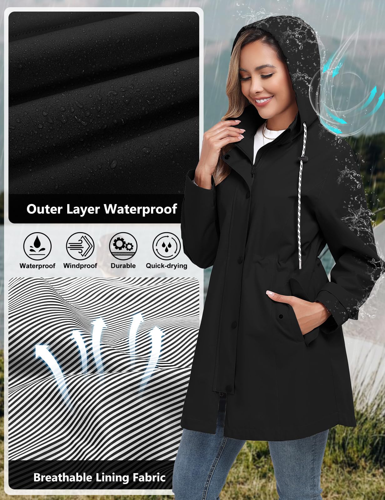 CMTOP Chubasquero Mujer Impermeable Largo Chaqueta con Capucha Al Aire Libre de Viento de Lluvia Abrigos Ligera Encapuchado Cortavientos Plegable Transpirable Cremallera Raincoat