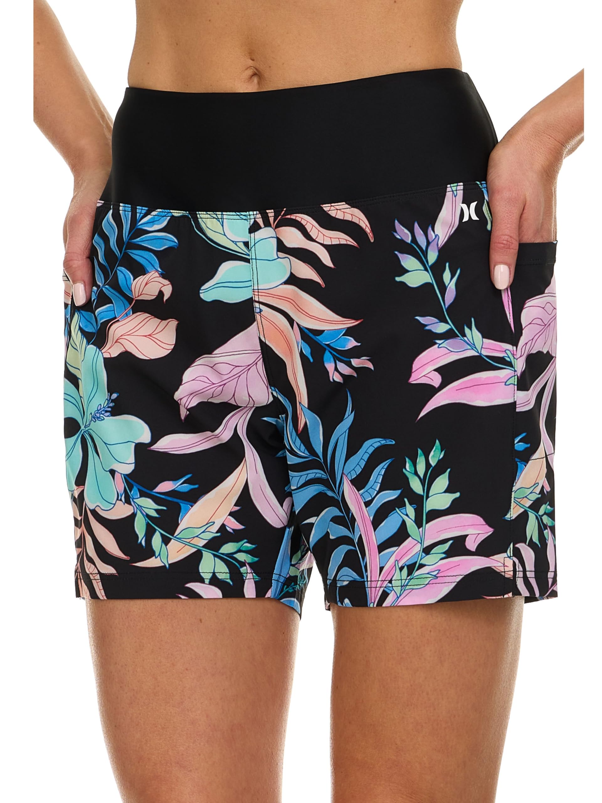 Hurley High Waisted Swim Shorts Women, 5" Board Shorts with Pockets & Inner Liner, Quick Dry Bathing Suit Swim Trunk, UPF 50+ Black Multi