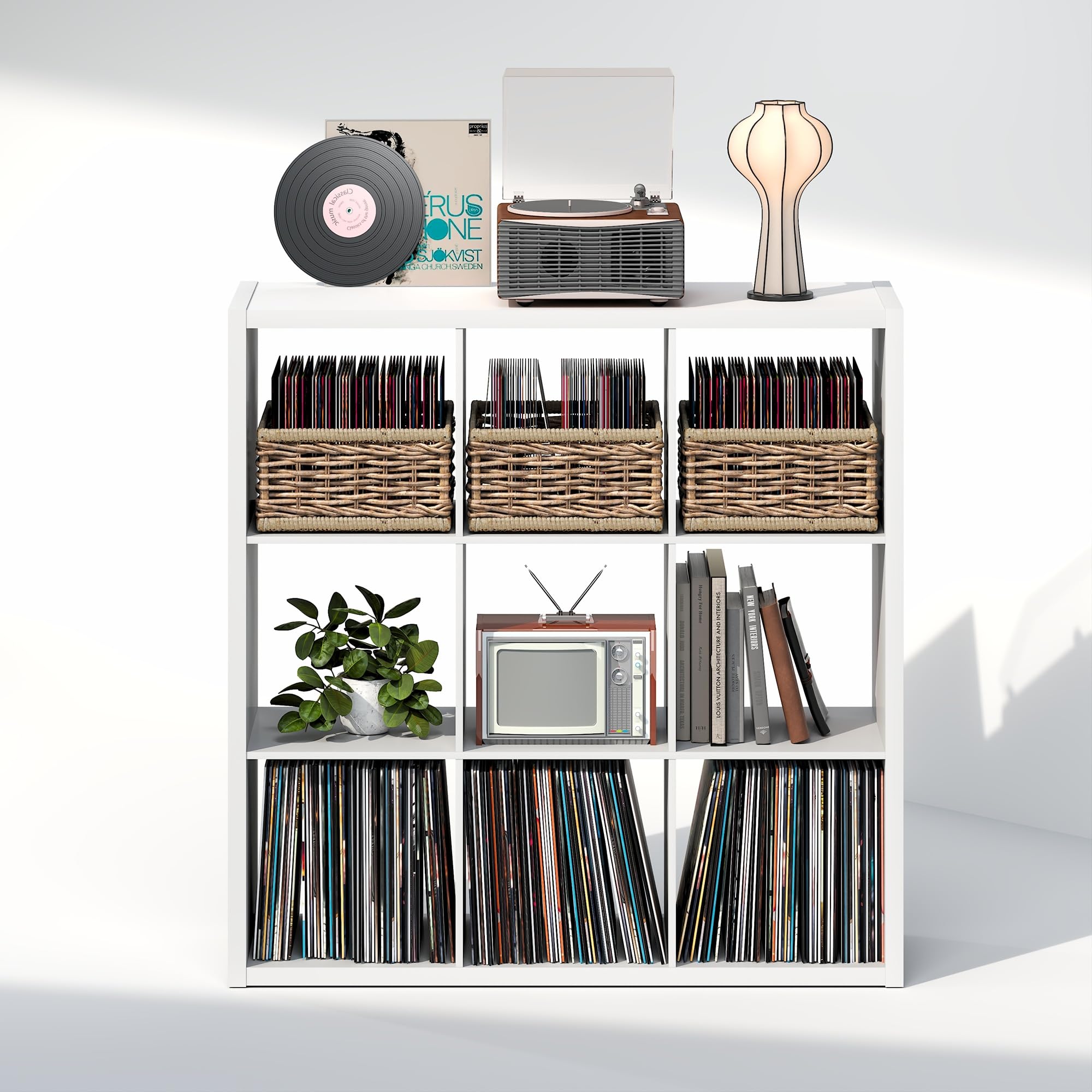 Furinno CUBICLE Mobile per Giradischi con Raccoglitore per Vinili, 9-Cube 1.2 Extra Spesso Raccoglitore per Dischi in Vinile, Scaffale Multimediale Aperto sul Retro per CD DVD Dischi, Bianco