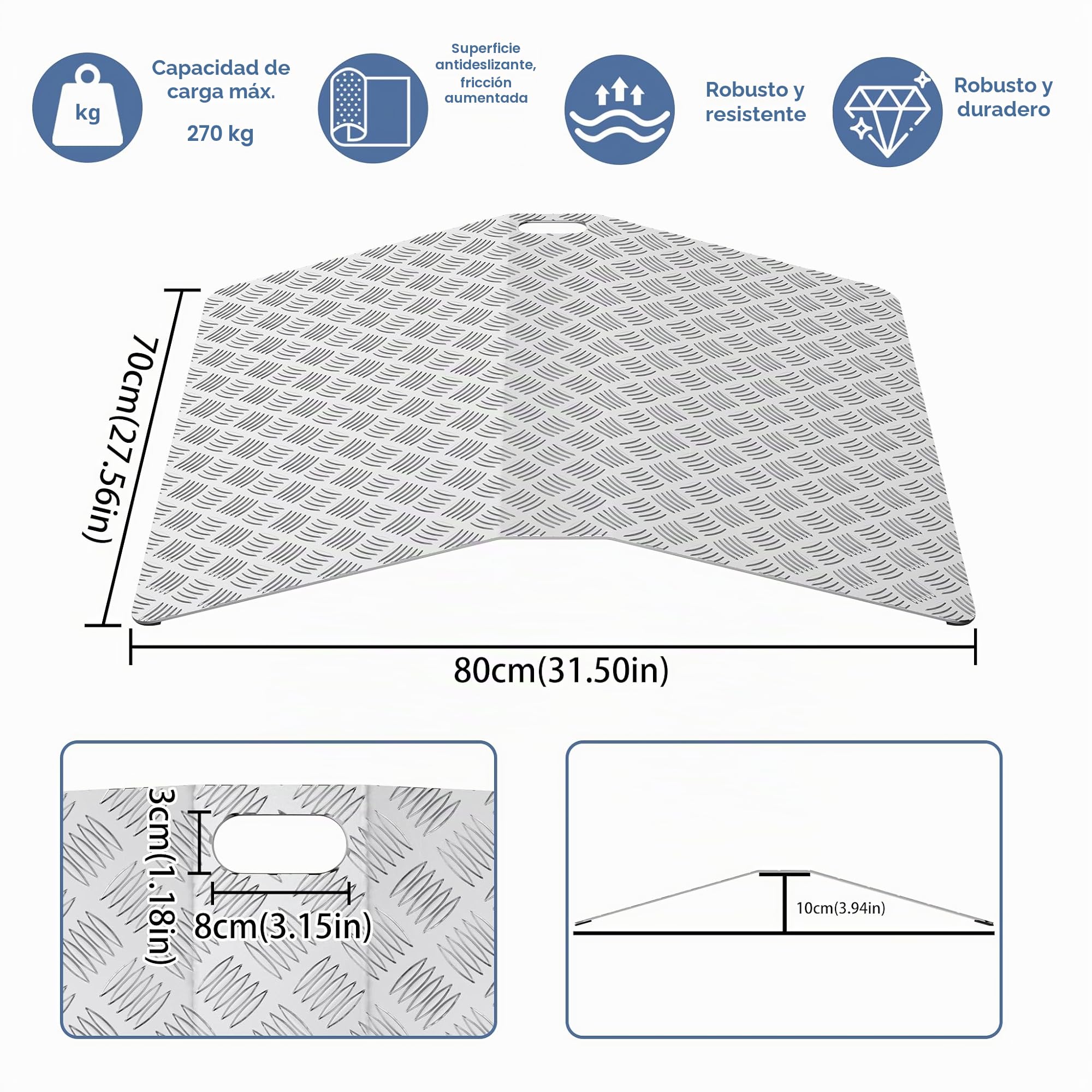 ACXIN Rampa de umbral para puertas y sillas de ruedas, de aluminio, antideslizante, portátil, con asas, capacidad de carga 270 kg (80 x 70 x 10 cm)
