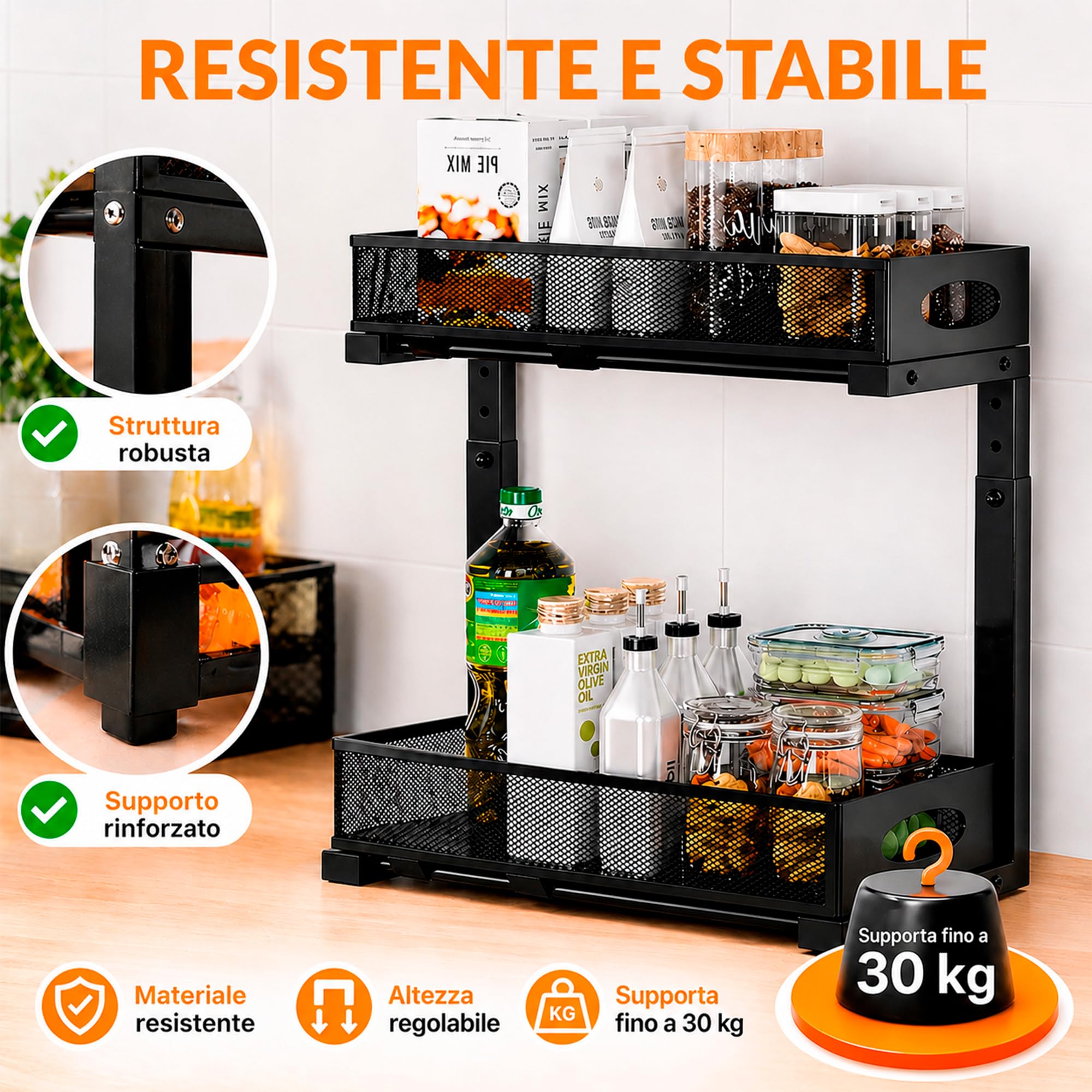 Organizzatore basso lavello per cucina o bagno - Organizer da cucina in metallo nero con doppia altezza e vassoi estraibili - Scaffale per riporre prodotti per la pulizia, dispensa e altro - Pack 2