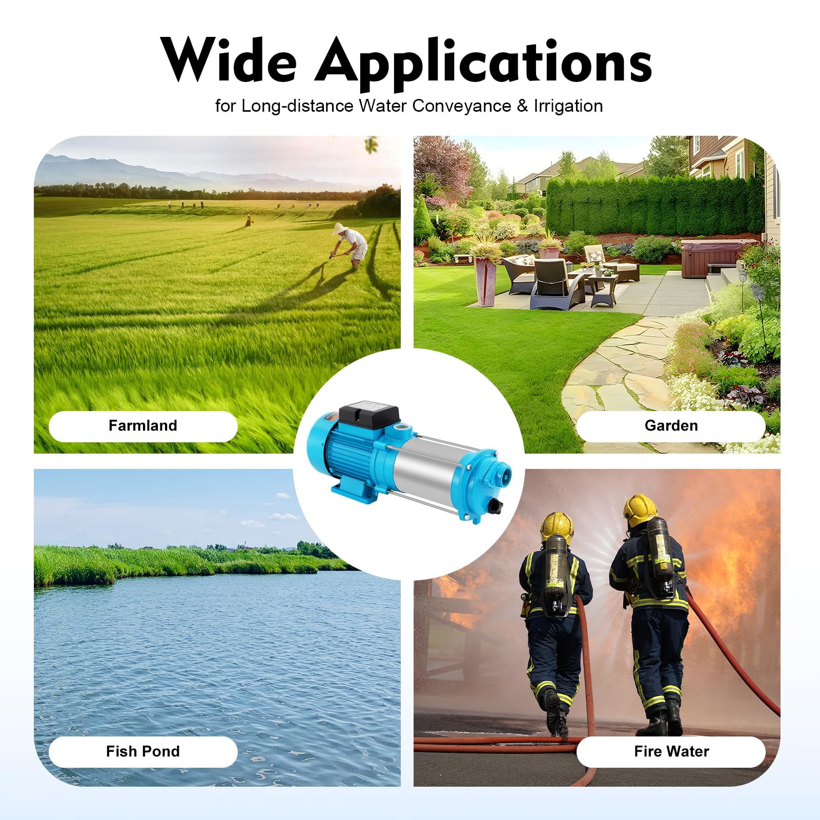 Bomba centrífuga, bomba de jardín, de riego, bomba de agua eléctrica, para la conducción de agua a largas distancias en tierras agrícolas, riego por aspersión de grandes superficies en jardines, etc