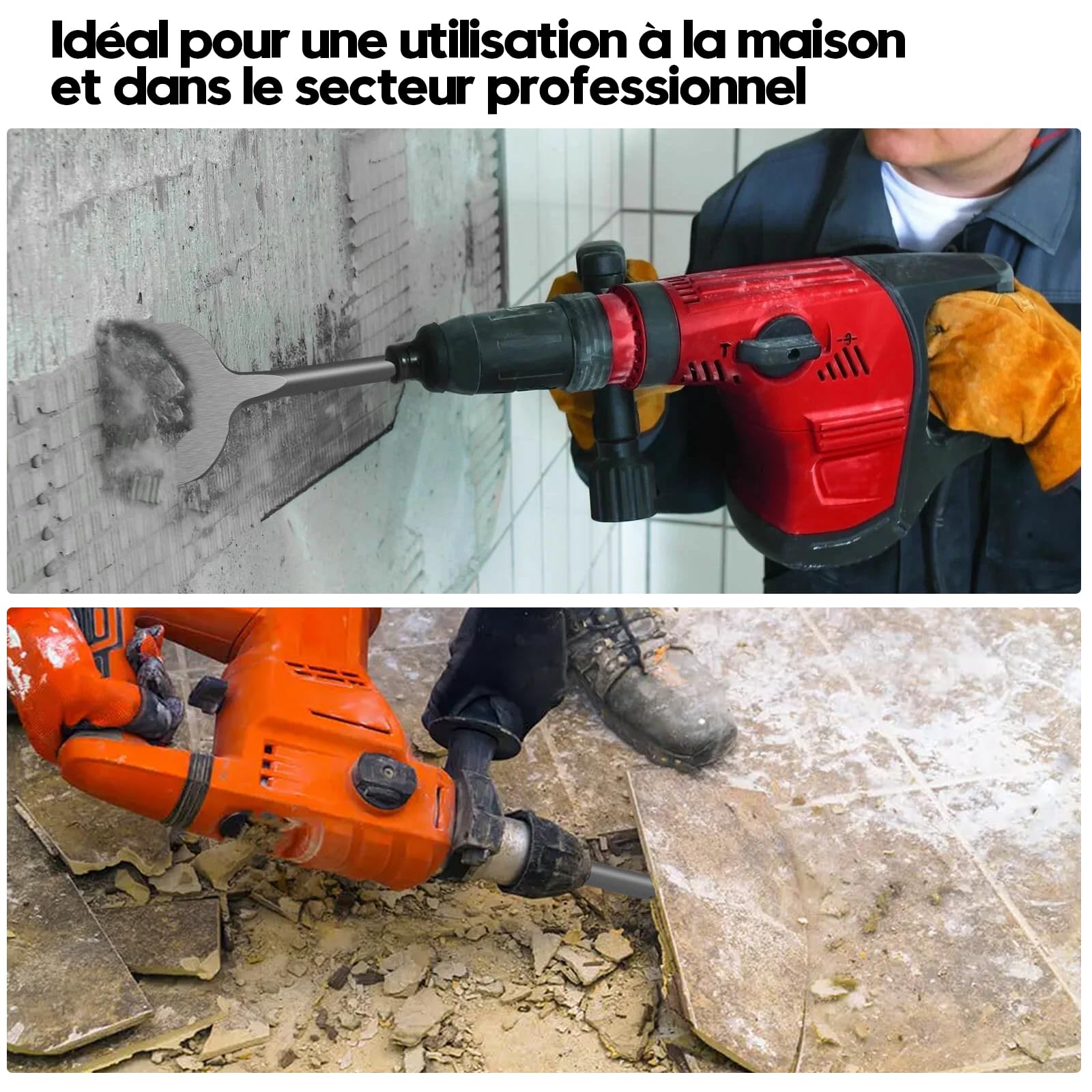 Burin SDS Plus 2 Pièces, Burin Plat & Burin Coudé à 20°, 250 x 75mm, Acier Allié 40Cr, Burin Carrelage pour Marteau Perforateur SDS Plus, Burin de Demolition pour Carrelage, Béton, Pierre