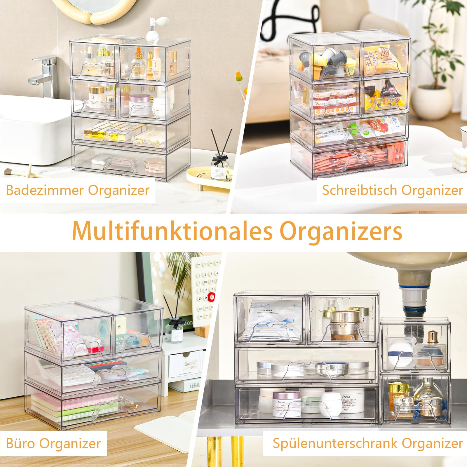 Stebopum 4 Pack Stapelbare Schubladenbox Kosmetik Organizer Schublade Acryl Transparent Schminktisch Organizer für Schublade Badezimmer Aufbewahrung und Organisation(4Pack combination)