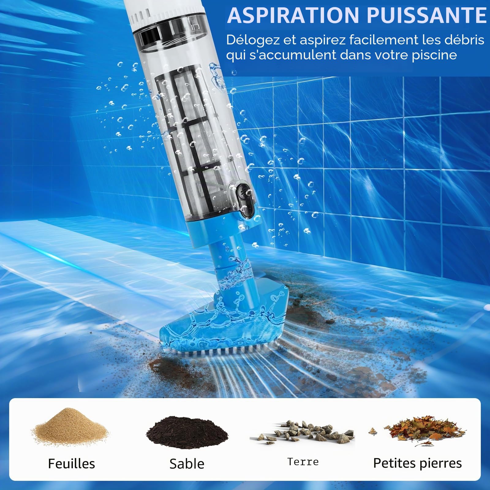 Aspirateur de Piscine sans Fil avec Batterie et Perche télescopique | Aspirateur manuel, Aspirateur de fond, Autonomie jusqu'à 90 min, Avec filtre
