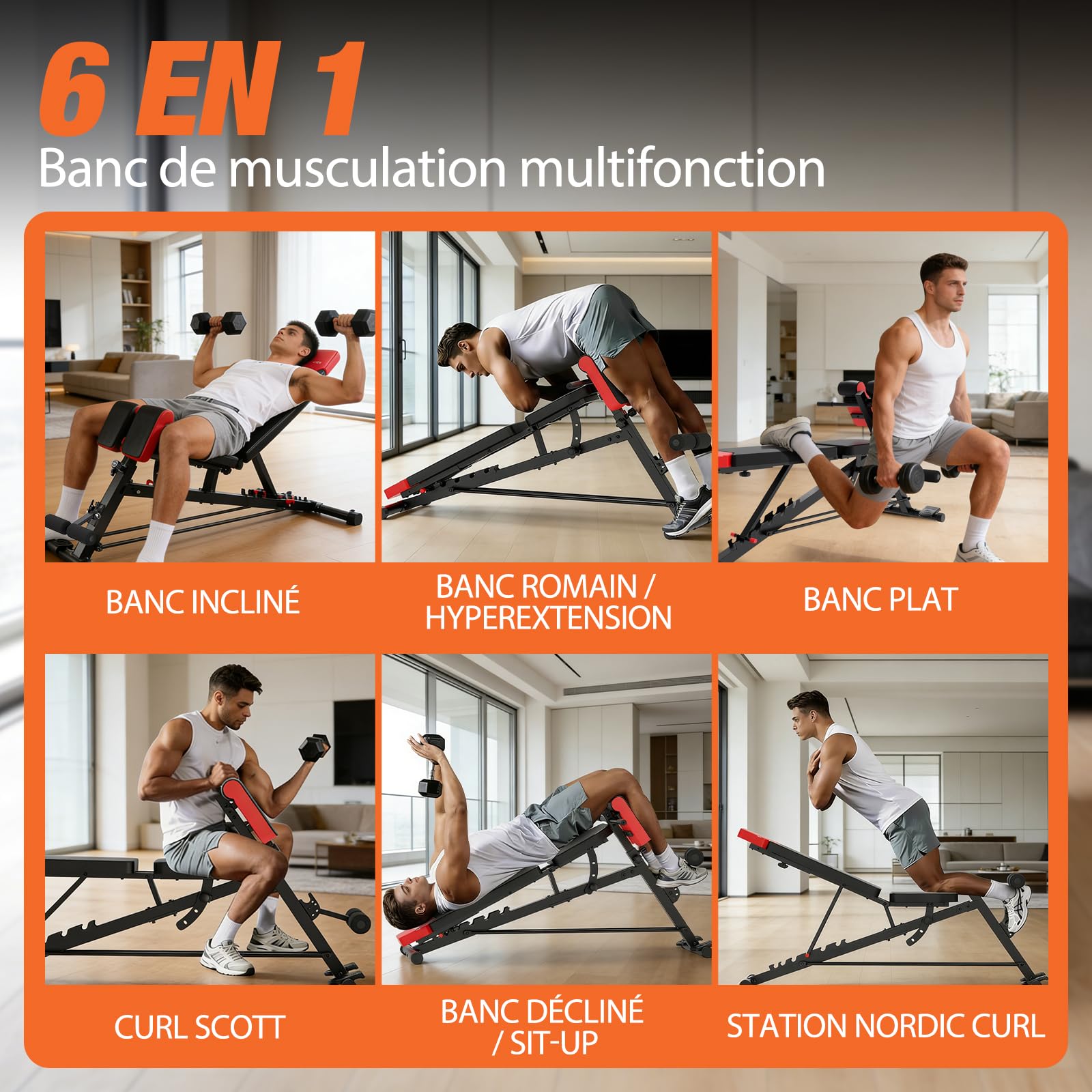 DH FitLife 2026 Premium Banc de musculation 6-en-1 réglable 350 kg avec hyperextension | Banc incliné pour développé couché | Multifonction maison/home gym