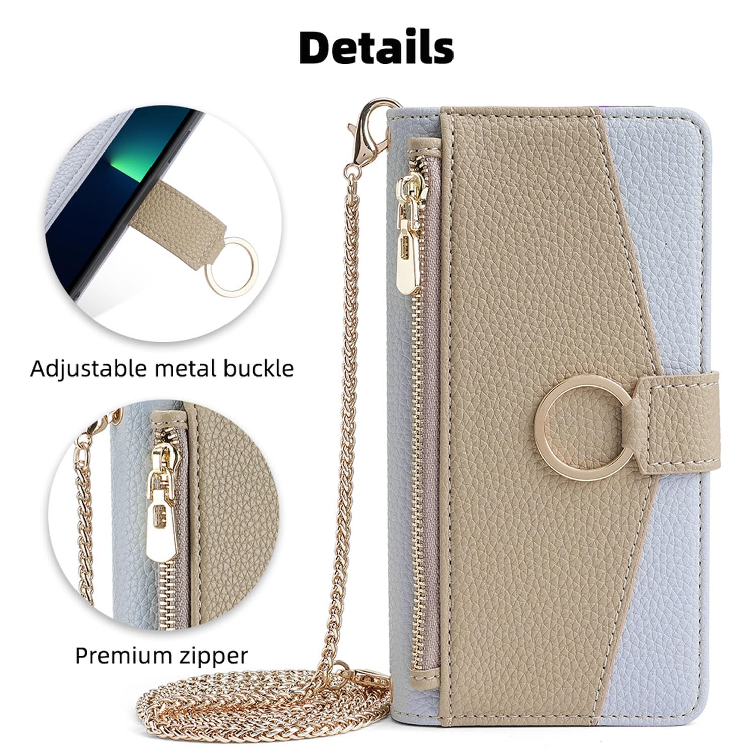Generic - Funda compatible con Samsung Galaxy A33 5G (color verde) con correa de cadena con cremallera y billetera de piel con tapa trasera y espejo