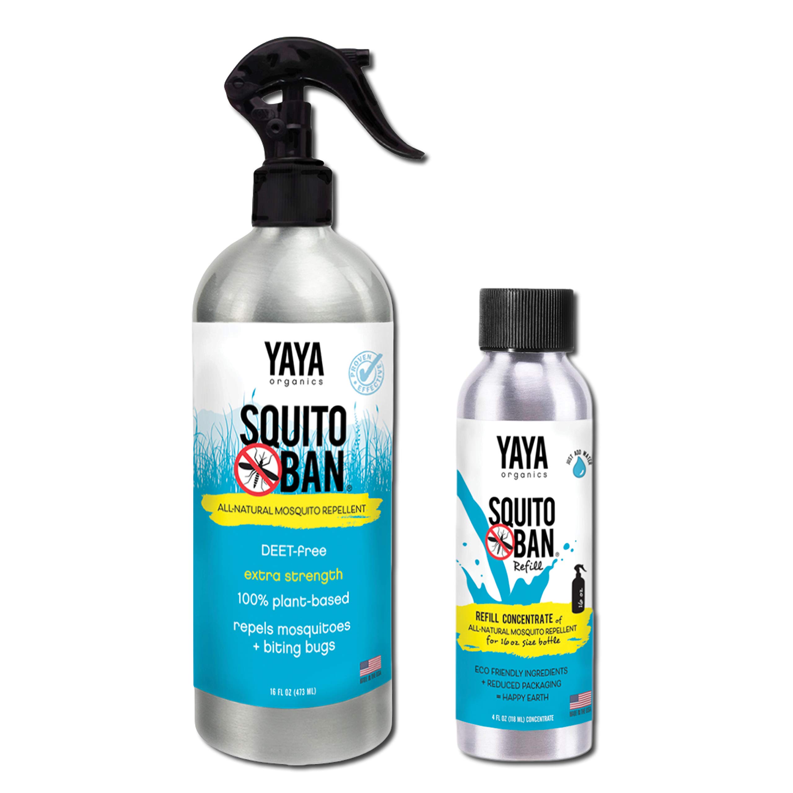 Yaya Organics SQUITO BAN | Eco-Friendly Bundle, Extra Strength, All Natural, DEET Free Mosquito Repellent | Proven Effective, Safe for Adults and Kids | 16 oz Spray + Refill