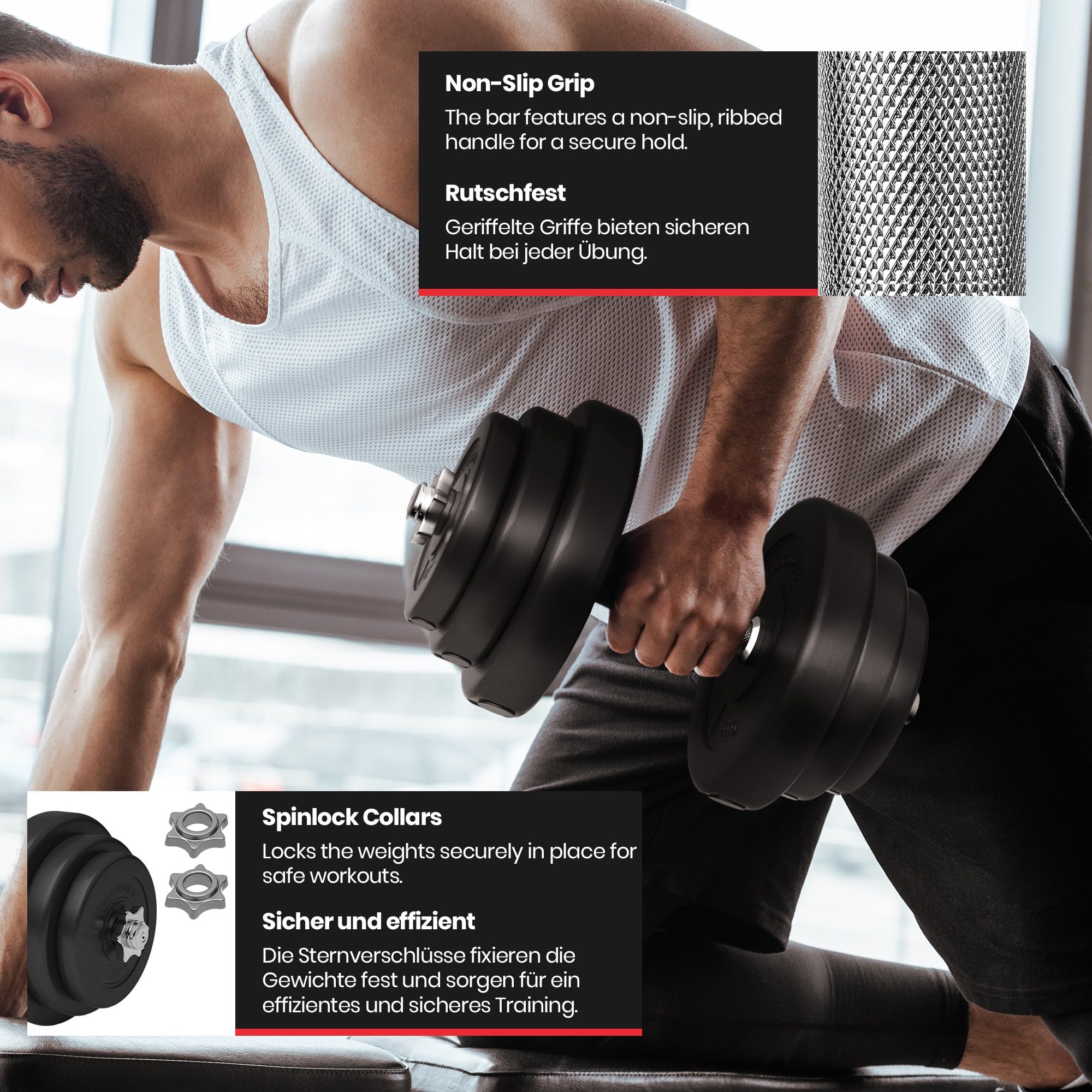 Physionics® Zestaw Krótkich Hantli – 20, 30, 40 Kg, Uchwyt Radełkowany, Ø 25 Mm, Z Tworzywa Sztucznego i Stali, Zaciski Gwiazdowe – Sztangi, Hantle Krótkie, Zestaw Hantli (20 Kg (Drążek Stalowy))