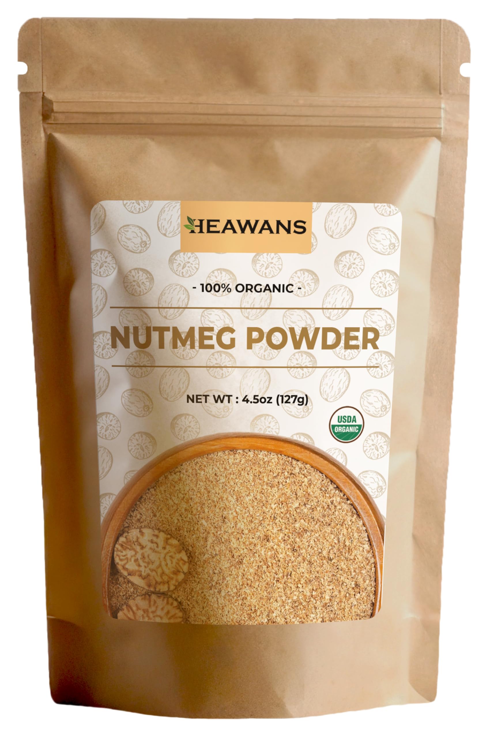 Heawans Organic Nutmeg Powder, Premium Grade (4.5 oz), harvested & packed from a USDA certified farm.