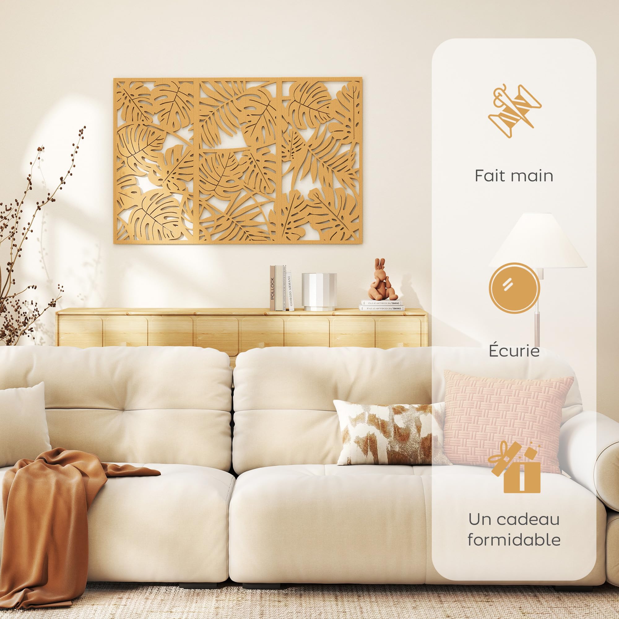 HOMCOM Set di 3 decorazioni da parete in legno 3D, 40 x 80 cm, legno naturale | Foglie tropicali, decorazione da parete moderna da appendere, per soggiorno, camera da letto, corridoio o ufficio