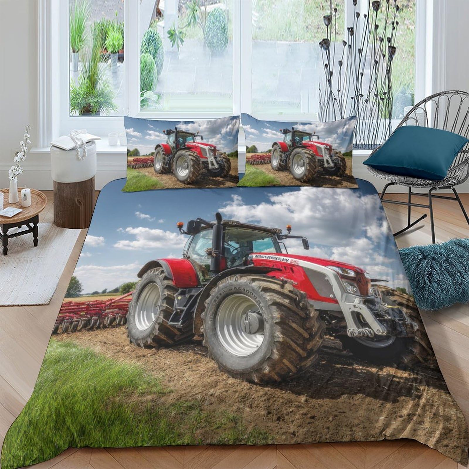 Ctjqhvkz Style-7 3D Printed Red Tractor Fitted Sheet Microfiber Soft Farm Field Bed Cover For Bedroom Guest Room Mattress Protection Single（135X200cm）