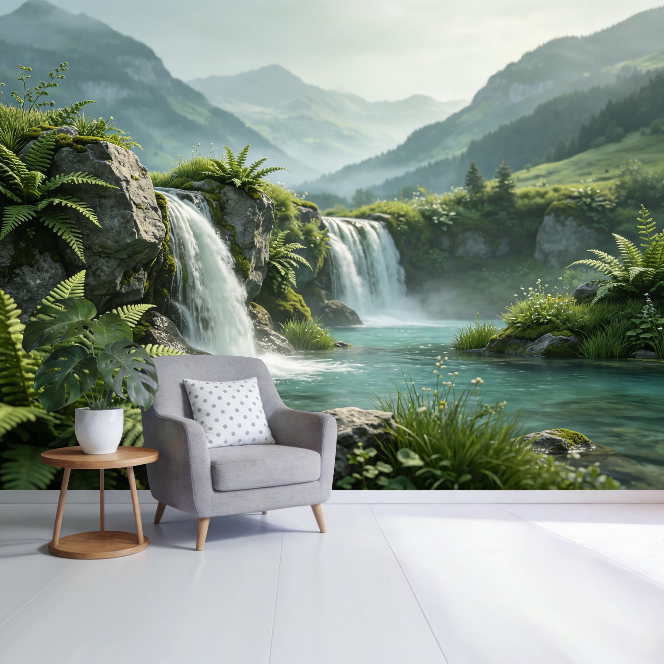 Custom Size Wall Mural Mountain Lake Waterfall Landscape Botanical Green Nature Scene SelfAdhesive Wall Fabric Removable Wallpaper for Home Office Decor
