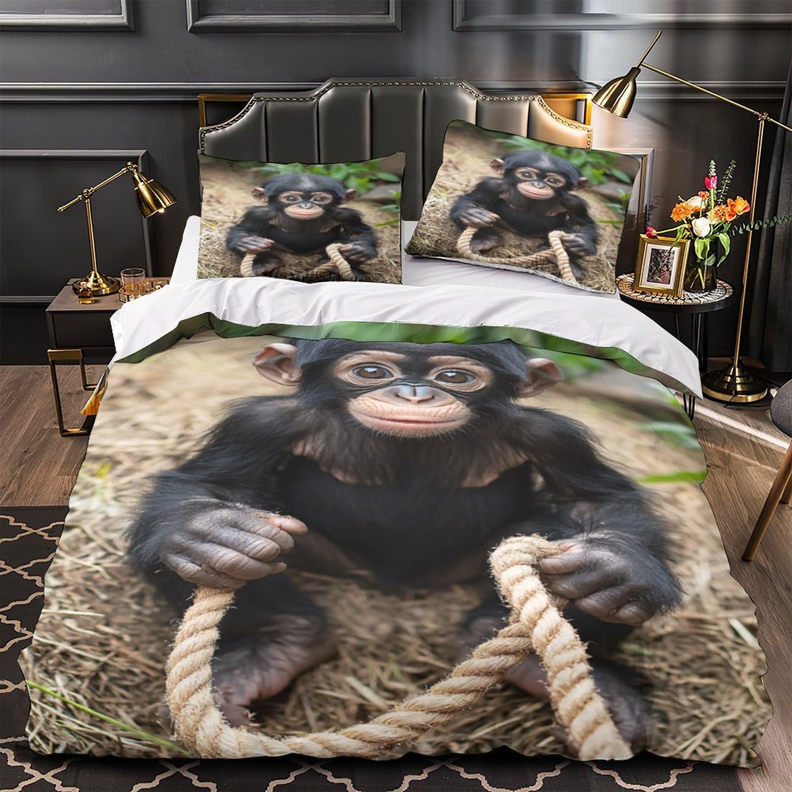 Yvaspqrtw Men's Xzgdm3opr9hd Baby Monkey 3D Digital Print Duvet Cover Set 3Pcs Microfibre Anti-Fade Cute Wildlife Photography Duvet Insert Cover 2 Pillowcases Zip Closure Bedding Boys Bedroom Double（200X200cm）