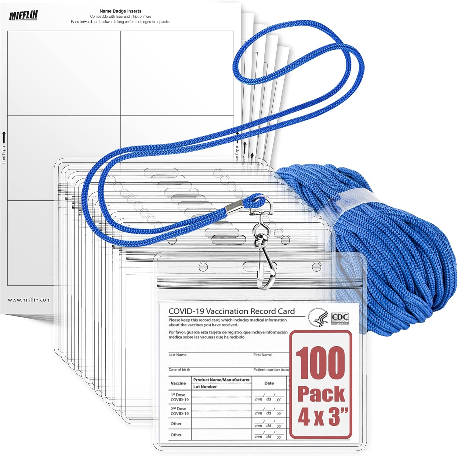 MIFFLIN Lanyard with Horizontal ID Name Badge Holder + Paper Inserts 3Piece Kit
