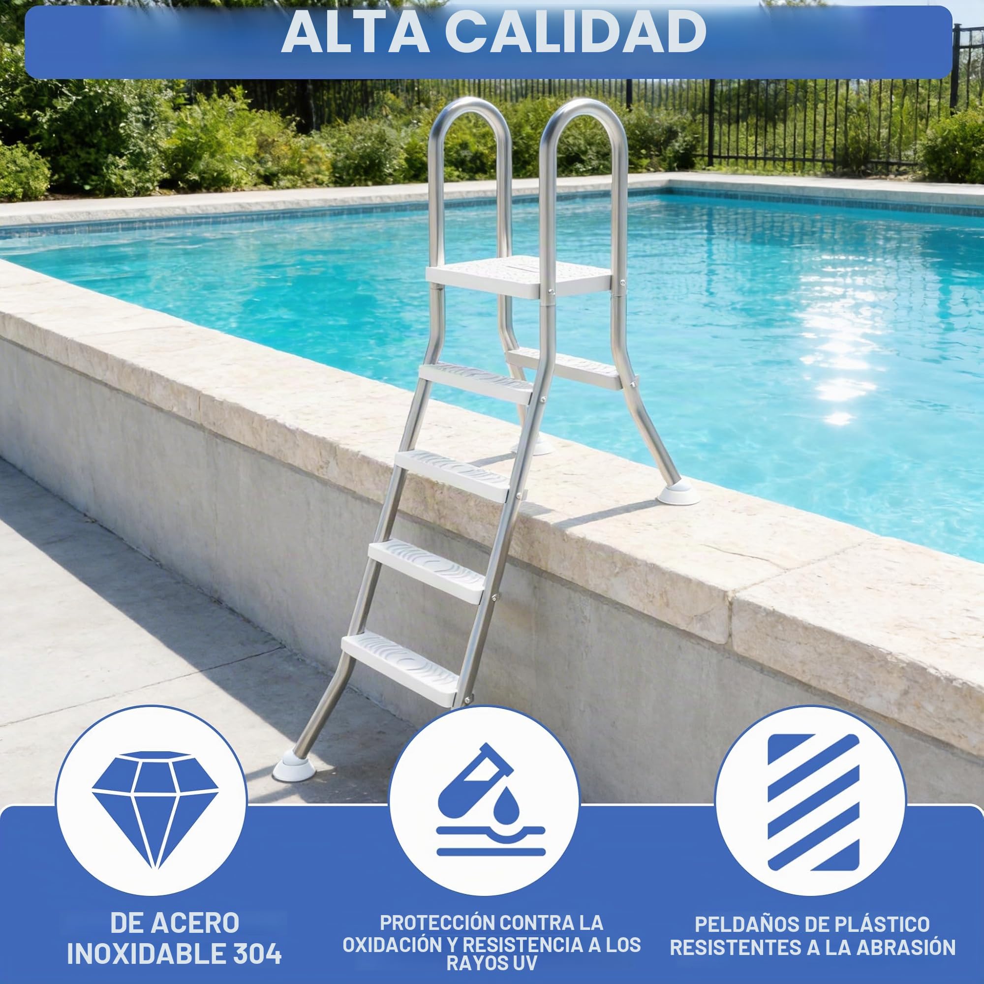 Escalera para piscina de 3 escalones fabricada en acero inoxidable 304, escalera antideslizante para piscina, ayuda de entrada móvil para piscinas parcialmente empotradas con una profundidad