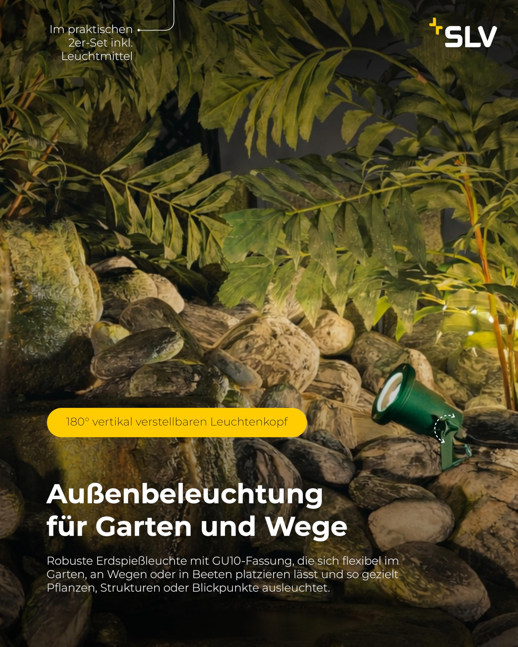 SLV NAUTILUS XL Erdspießleuchte – Außenleuchte für Garten, Terrasse, Wege & Teich | GU10, IP65, 11 W, mit Erdspieß & Stecker | 2er-Set | Grün