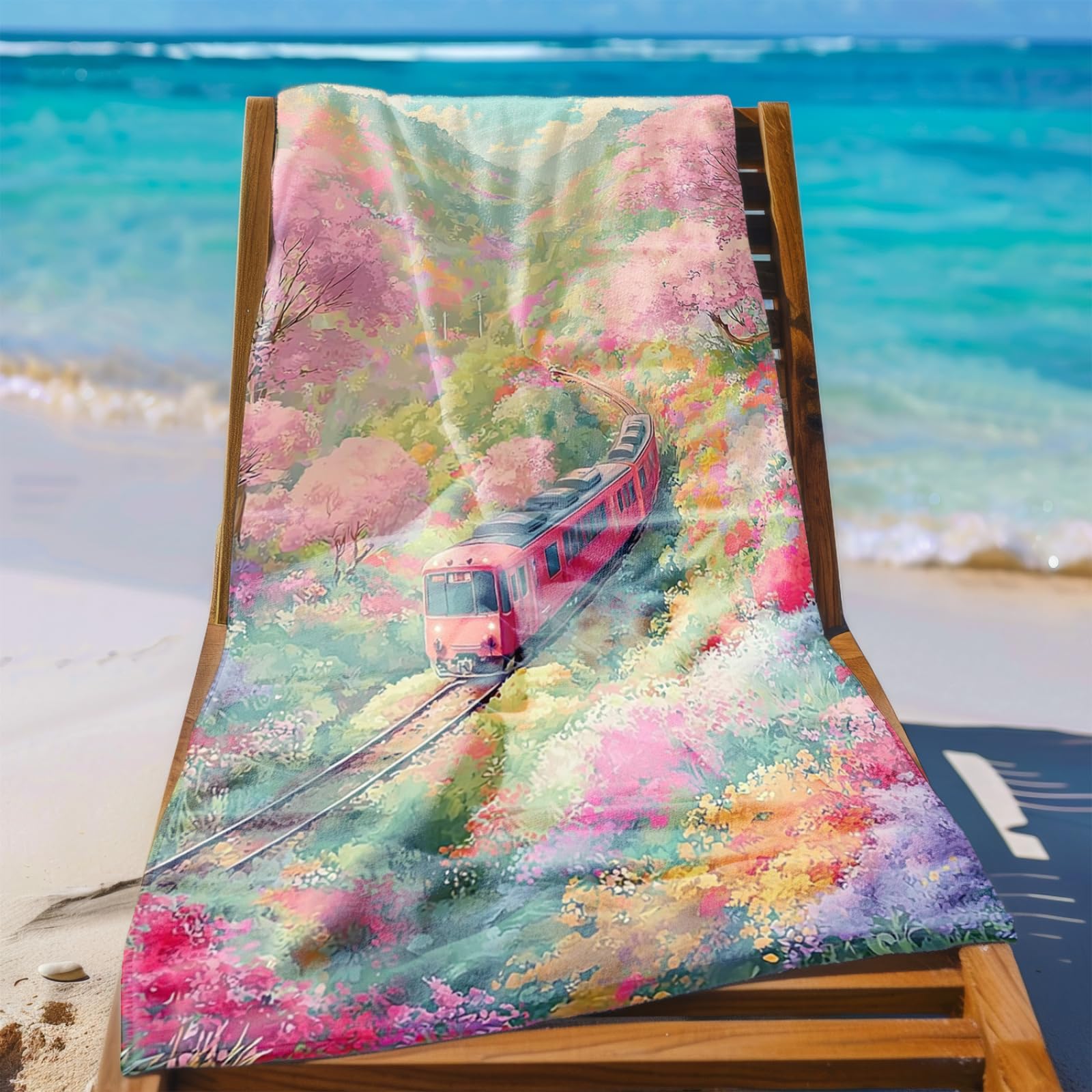 Tapis de Plage XXL Anti Sable Train, Rouge Serviette Piscine Adulte,Natte De Plage Pliable, Voyage Accessoires De Plage Camping,Serviette de Bain Personnalisée