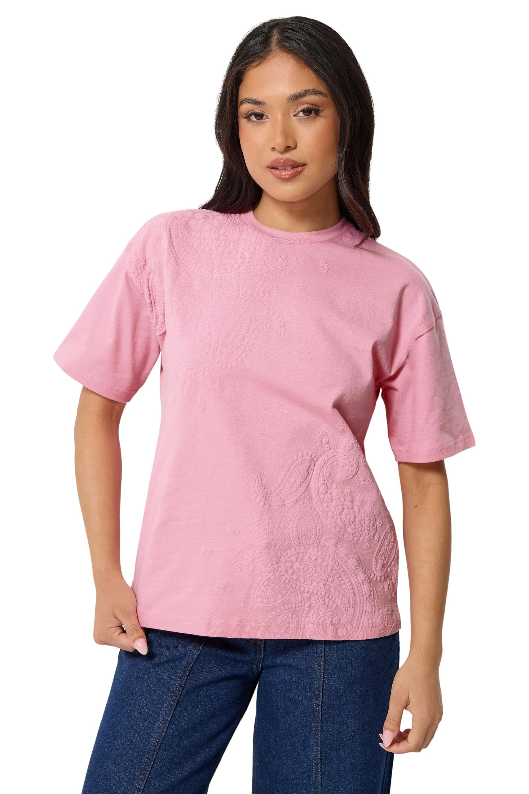 Pixiegirl Women's Pink Petite Paisley Cotton T-Shirt Petite