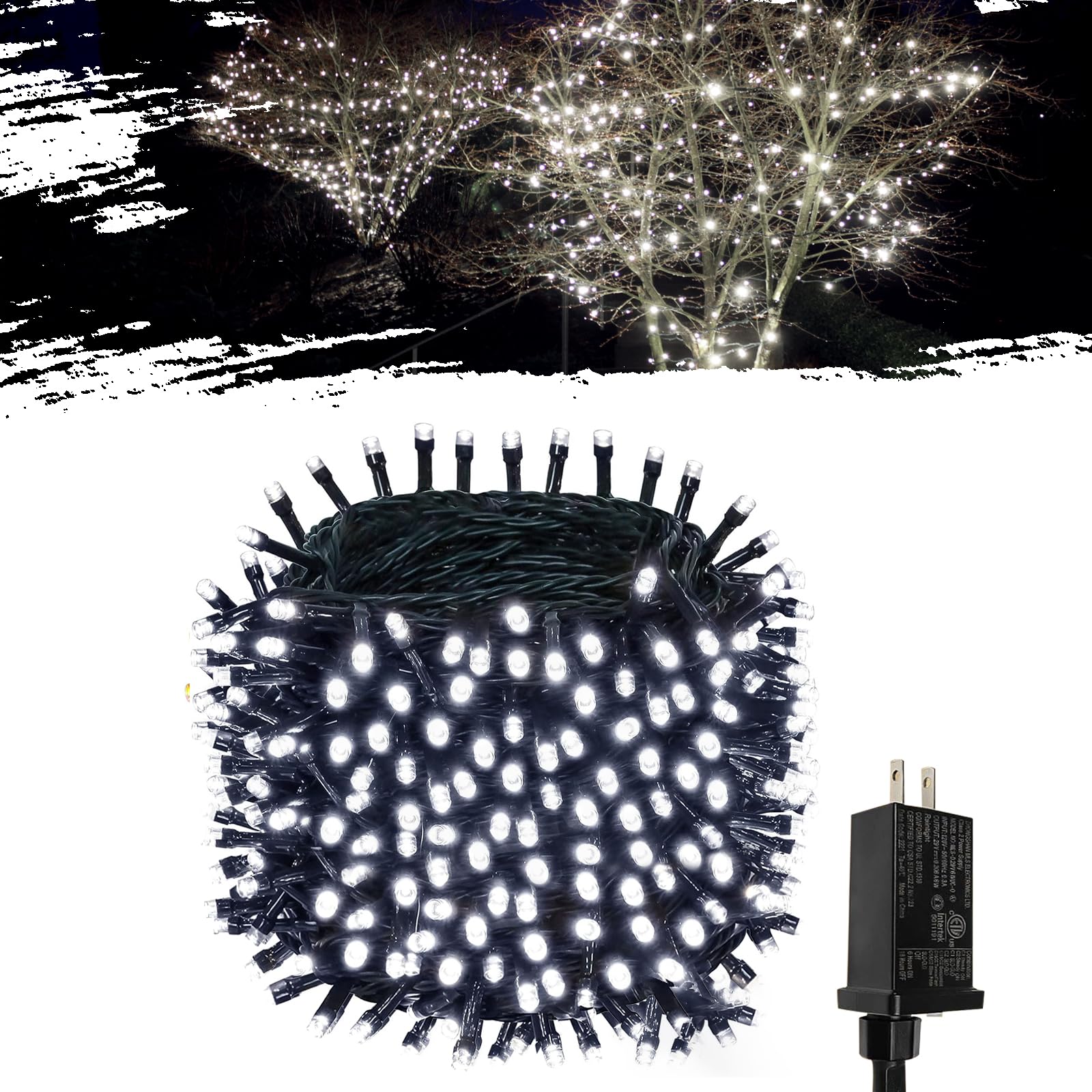 OZS115Ft 300LED Cool White String Lights Indoor/Outdoor, Waterproof 8 Modes Christmas Lights, Green Wire Tree Lights for Party Wedding Garden Xmas Decorations (Cool White)