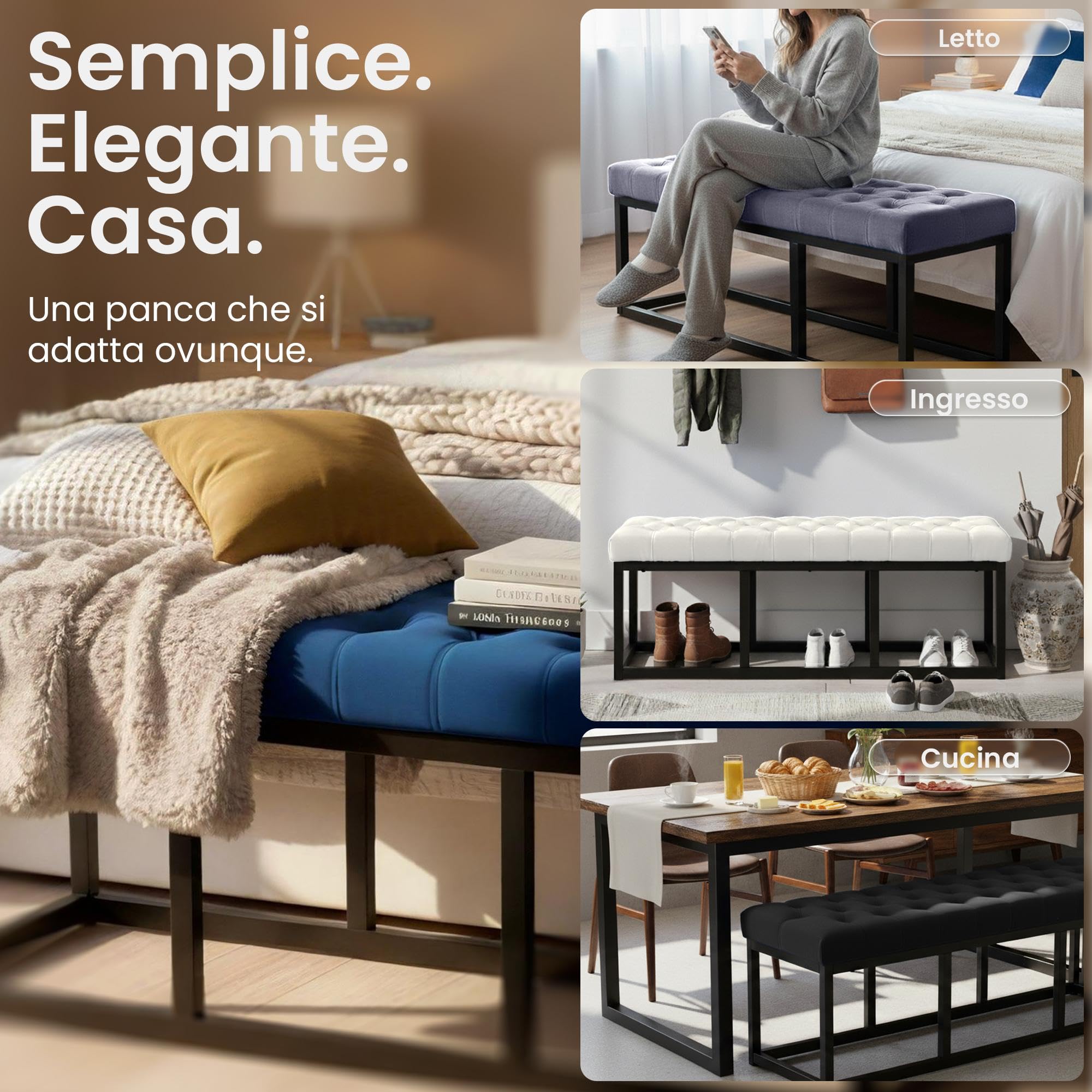 CLP Panca Polson, Moderna, Struttura Nera, Velluto, Trapuntata, Protezioni per Pavimenti, Design, Colore:Nero, Dimensione:150 cm