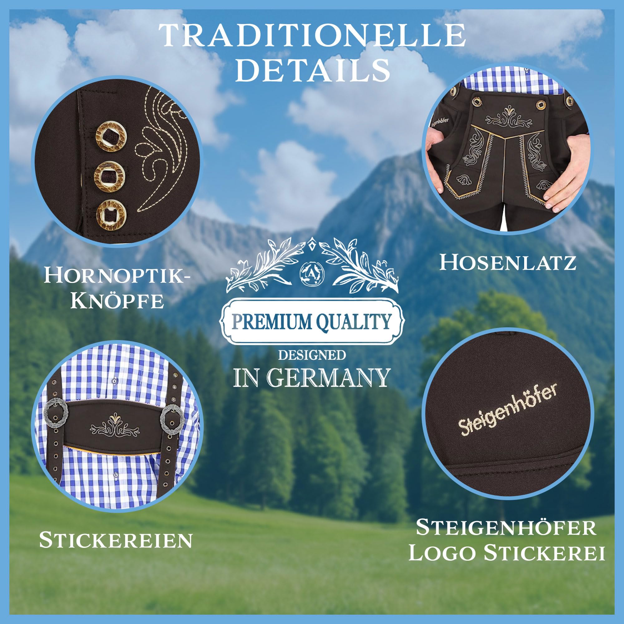 Steigenhöfer Manufaktur Kurze Trachten Softshell Hose mit Träger im Lederhosen Look - Lukas - Lederhose Herren Tracht - Wasser- und windabweisend mit Trägern für Oktoberfest