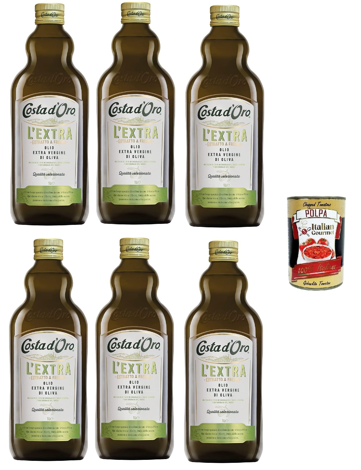 Italian Gourmet Olio Extra Vergine di Oliva, extra natives Öl Vorrat 6 x 1L | Sapore fruttato e intenso; ideal zum Kochen, Verfeinern von Gemüse und kalten, Gesamtnettogewicht 6 L + Kostenlos Polpa 400g