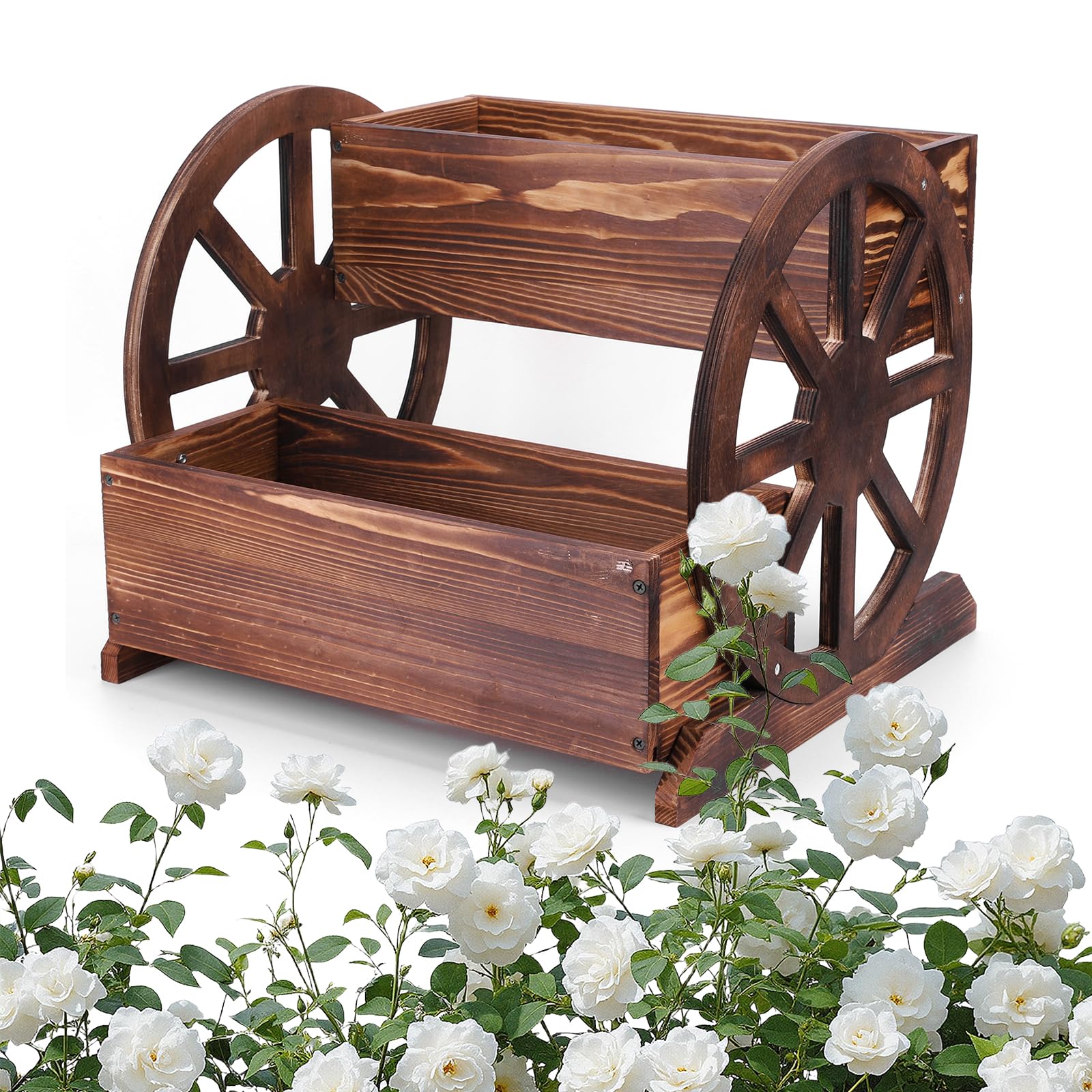 Getbstoop Grey 2-Tier Wooden Wagon Planter Box, Raised Garden Bed With Wheels & Drainage Holes For Flowers, Herbs & Vegetables, Indoor Outdoor Decorative Wheel Cart For Patio, Balcony, Yard & Garden