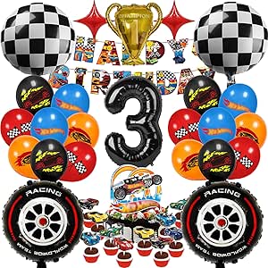 Kit Décoration Anniversaire Garçon Thème Hot Wheels / Voiture De Course - 83 Pièces - Ballons, Nappe, Vaisselle