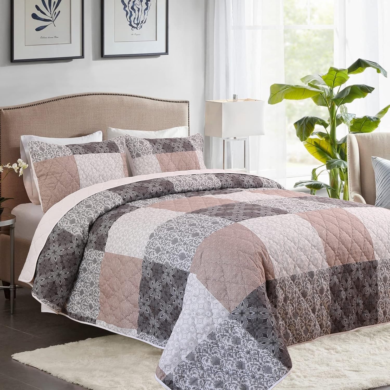 BALAPET Oversized King 128x120 Bedspread for California King Bed, Patchwork Plaid Grey Brown Coverlet Set with 2 Matching Shams, Soft Lightweight Quilted Bedding Set for All Season - Image 2