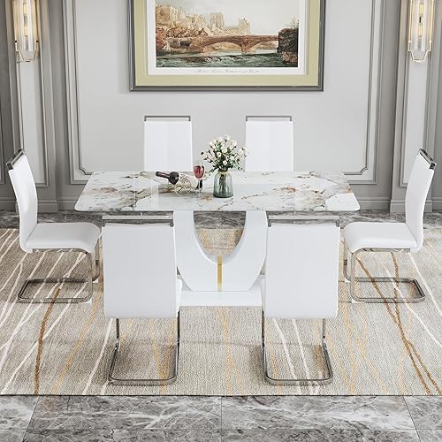 Miniatura 99 de JUFU Juego de Mesa de Comedor para 6, Mesa de Mármol Sintético y Juego de Sillas de 6, Juego de Mesa de Comedor Moderno para 6, Juego de Mesa de