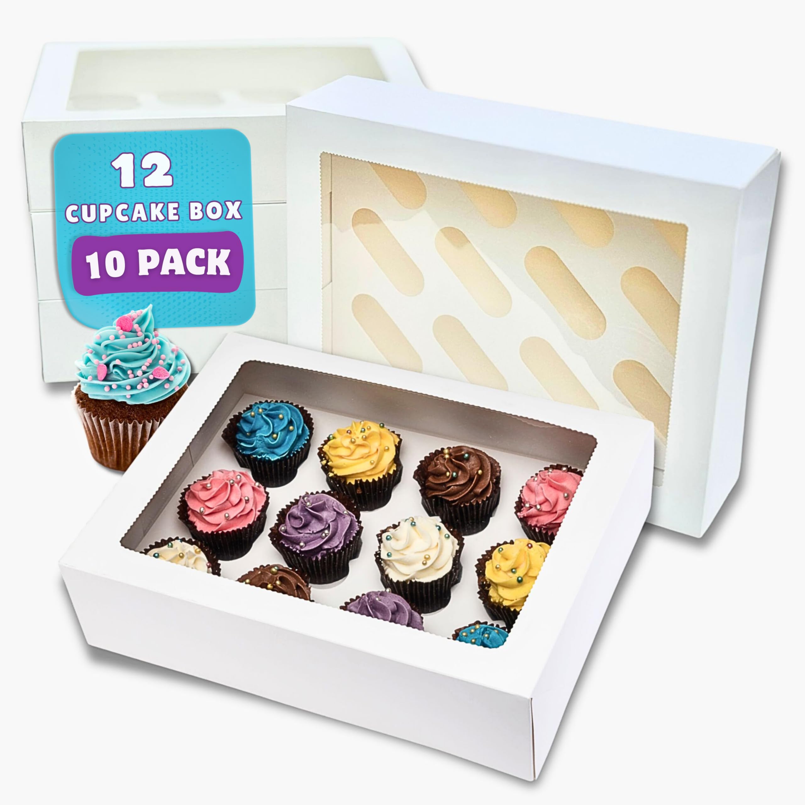 PACK N TRADE 10 Pcs cupcake boxes 12 hole - Multifunction Inserts Deep cake boxes for cupcakes – White cup cake boxes (34 x 26 x 9 cm) with Clear Window - Ideal for Muffins, Cupcakes & Pastries