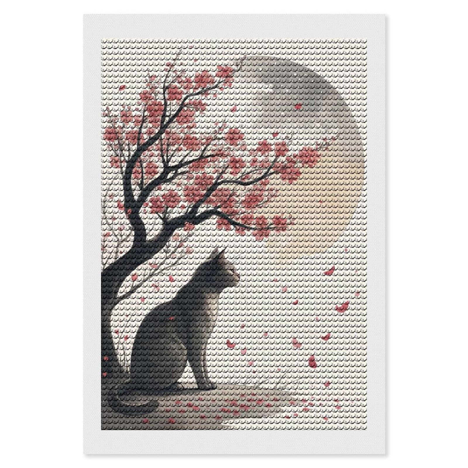 Junmoney Cat Under Cherry Blossoms Diamond Art Canvas 8"x12", for Family Craft Time, Creative Leisure Activity, Living Room Decor, Festive Craft Gift