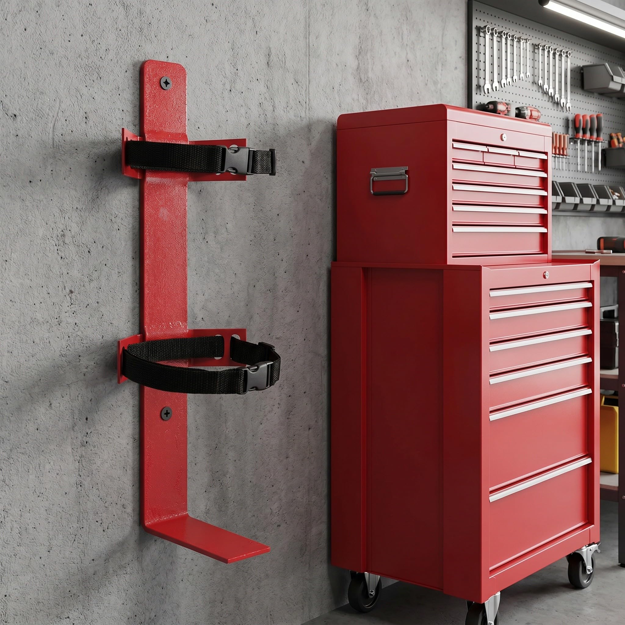 Lurrose Soporte de montaje para extintor de incendios - Estructura metálica resistente con correa de liberación rápida - Soporte de pared para extintor de incendios de 4 a 9 kg para oficina, garaje