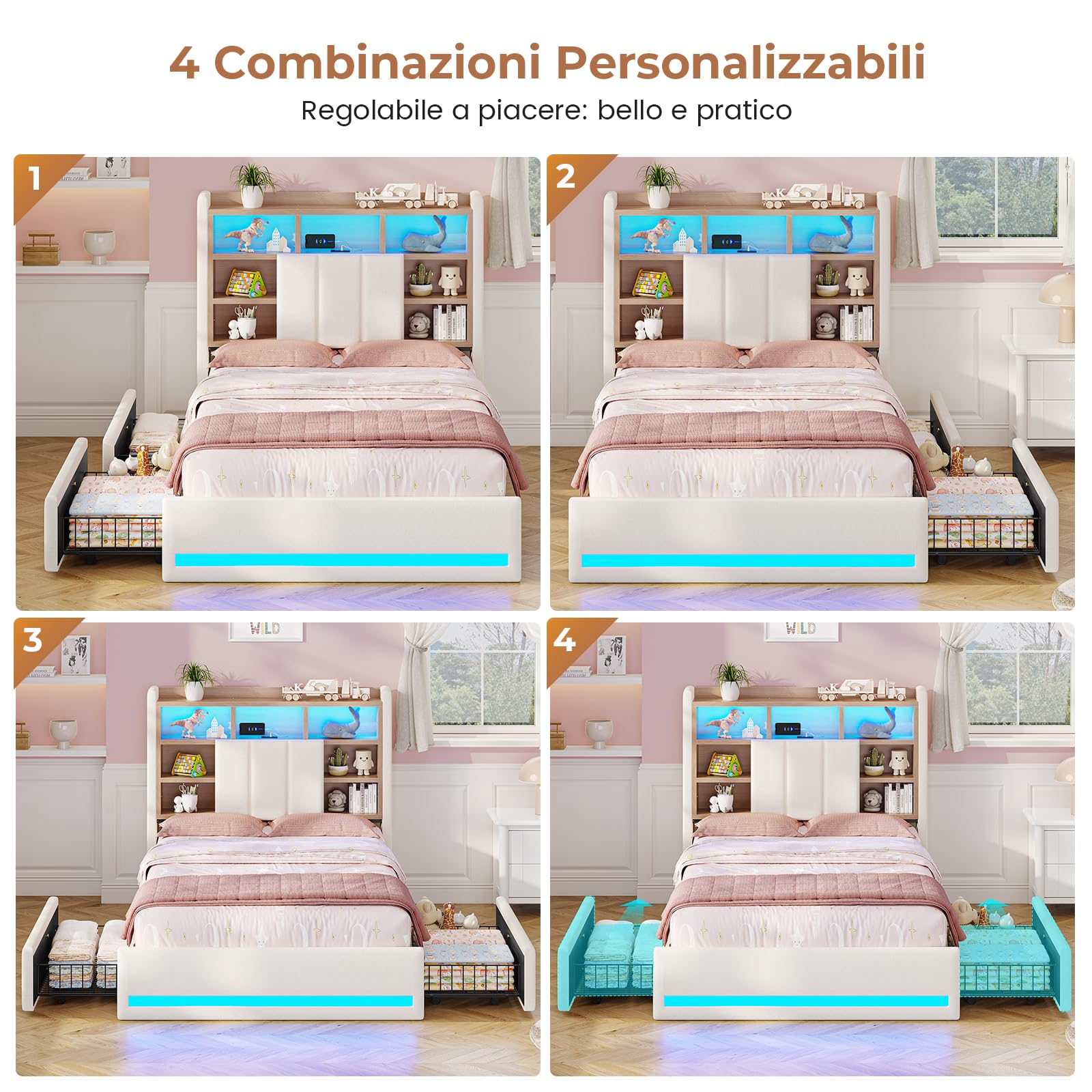AOGLLATI Letto Singolo Imbottito 90x200 con Cassetti, Letto Contenitore
