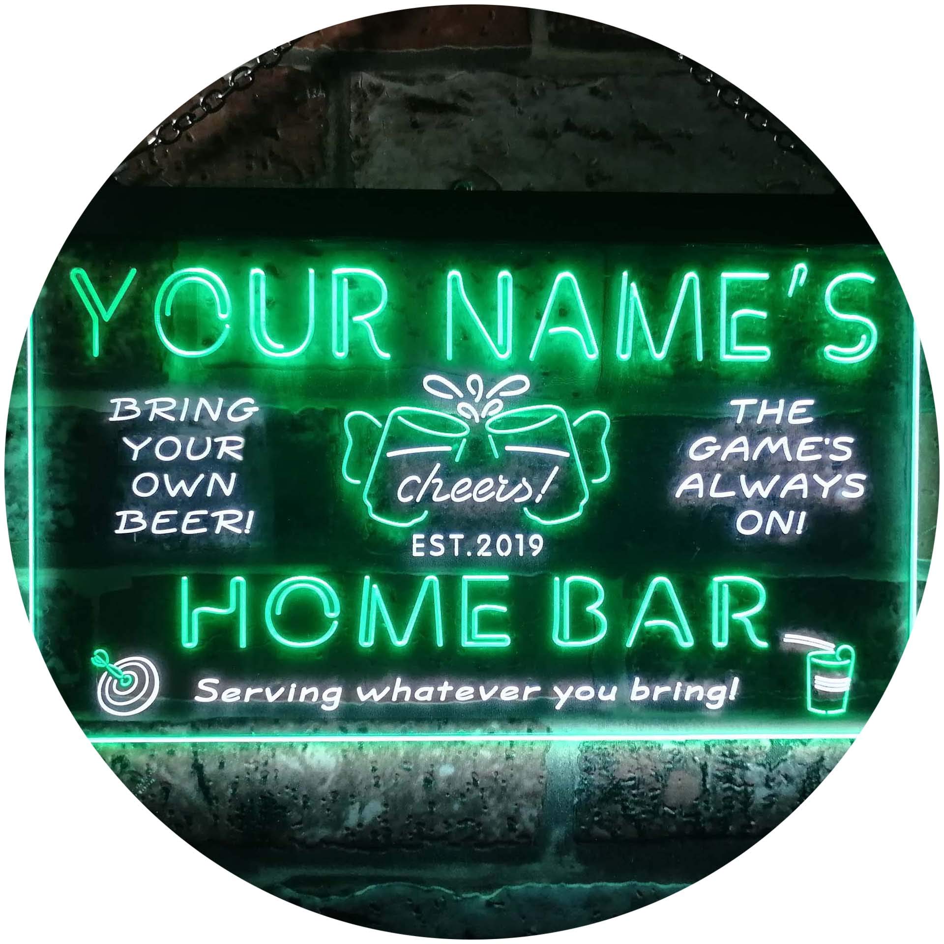 Personalized Your Name Est Year Theme Home Bar Cheers Game Room Dual Color LED Enseigne Lumineuse Neon Sign Blanc et vert 600 x 400mm st6s64-q1-tm-wg
