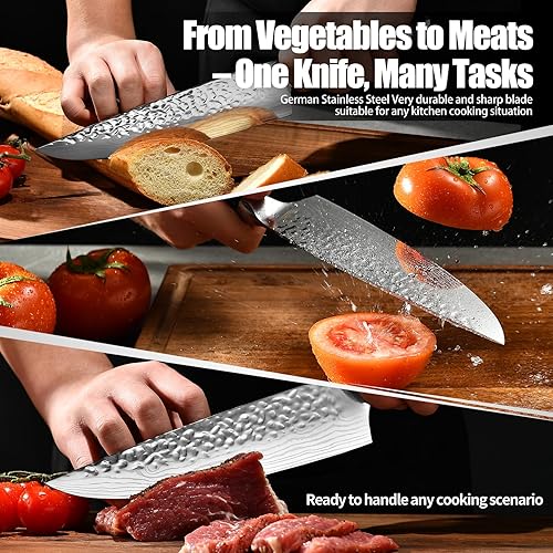 Miniatura 6 de Cuchillo de chef forjado alemán de acero 7CR13 de 8 pulgadas, mango de madera de Pakka negra con triple remache con proceso de forja extra, regalos